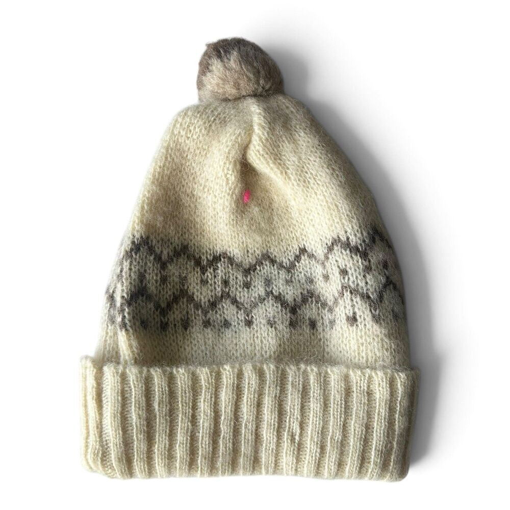 Alafoss Icewool 100% Wool Knit Fair Isle Beanie Ivory Women's Winter Hat Pom Pom